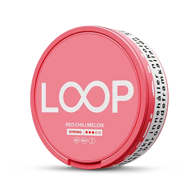 LOOP Red Chili Melon nicotine pouch can. Red and white design, all white slim pouch with spicy red chili and sweet melon flavor. Unique and bold.
