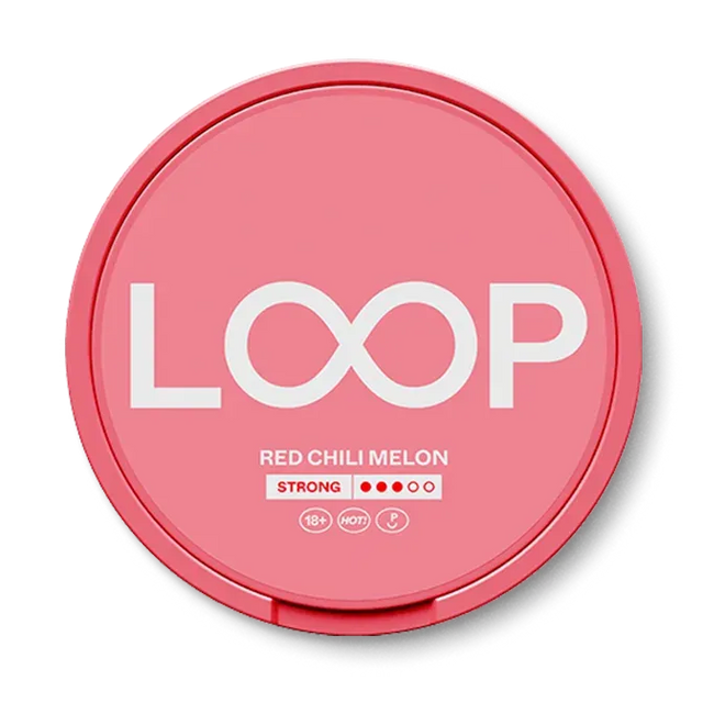 LOOP Red Chili Melon nicotine pouch can. Red and white design, all white slim pouch with spicy red chili and sweet melon flavor. Unique and bold.
