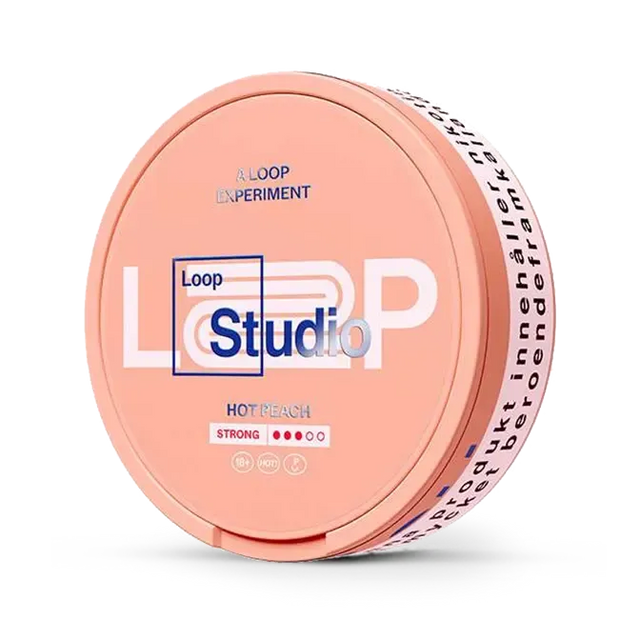 Loop Hot Peach Strong nicotine pouch can. Orange and white design, all white slim pouch with spicy hot peach flavor. Strong and bold.