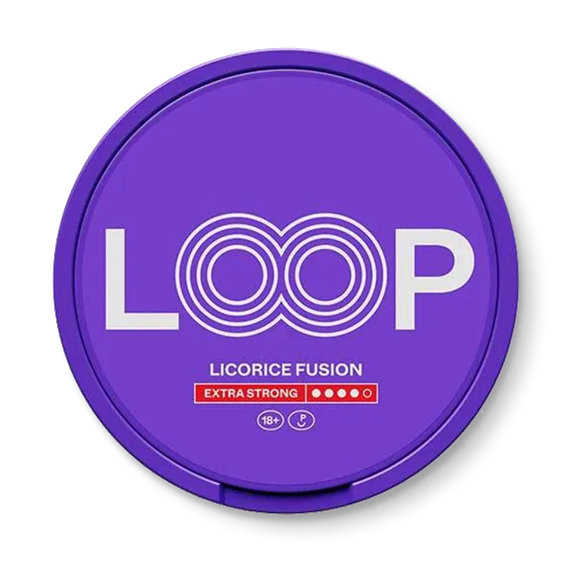 LOOP Licorice Fusion nicotine pouch can. Black and white design, all white slim pouch with unique licorice flavor. Modern and bold.