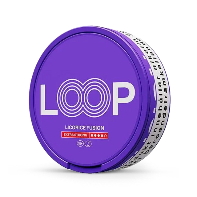 LOOP Licorice Fusion nicotine pouch can. Black and white design, all white slim pouch with unique licorice flavor. Modern and bold.