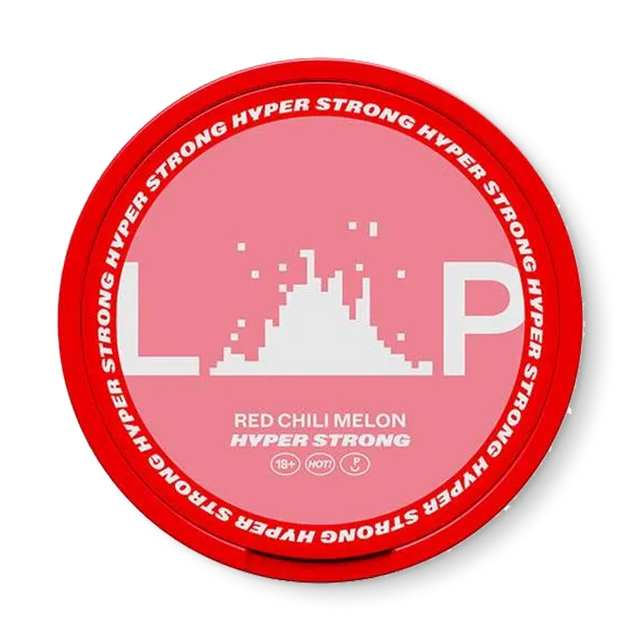 Close-up of LOOP Red Chili Melon Hyper Strong all white nicotine pouch can. Slim format, chili melon taste, vibrant packaging, hyper strong strength.