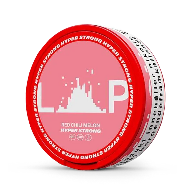 Close-up of LOOP Red Chili Melon Hyper Strong all white nicotine pouch can. Slim format, chili melon taste, vibrant packaging, hyper strong strength.