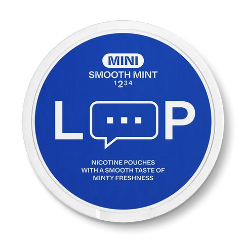 LOOP Smooth Mint Mini nicotine pouch can. Light blue and white design, all white mini pouch with smooth mint flavor. Discreet and refreshing.