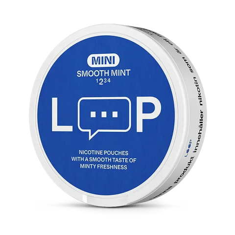 LOOP Smooth Mint Mini nicotine pouch can. Light blue and white design, all white mini pouch with smooth mint flavor. Discreet and refreshing.