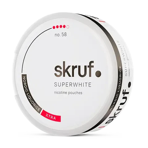Skruf Superwhite No 58 Nordic Liquorice nicotine pouch can. Grey and white design, all white slim pouch with Nordic licorice flavor. Distinct and classic.