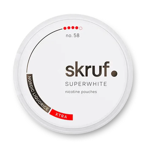Skruf Superwhite No 58 Nordic Liquorice nicotine pouch can. Grey and white design, all white slim pouch with Nordic licorice flavor. Distinct and classic.