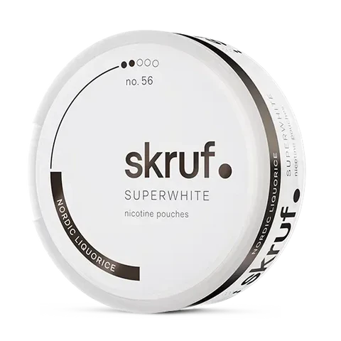 Skruf Superwhite No 56 Nordic Liquorice nicotine pouch can. Grey and white design, all white slim pouch with Nordic liquorice flavor. Classic and bold.