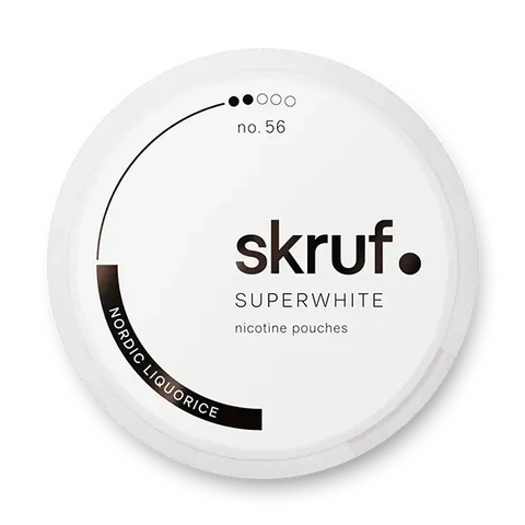 Skruf Superwhite No 56 Nordic Liquorice nicotine pouch can. Grey and white design, all white slim pouch with Nordic liquorice flavor. Classic and bold.