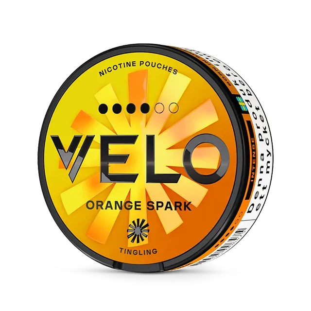 Velo Orange Spark Slim nicotine pouch can. Orange and white design, all white slim pouch with vibrant orange flavor. Fresh and zesty.
