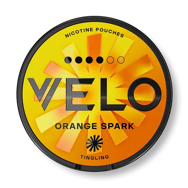 Velo Orange Spark Slim nicotine pouch can. Orange and white design, all white slim pouch with vibrant orange flavor. Fresh and zesty.