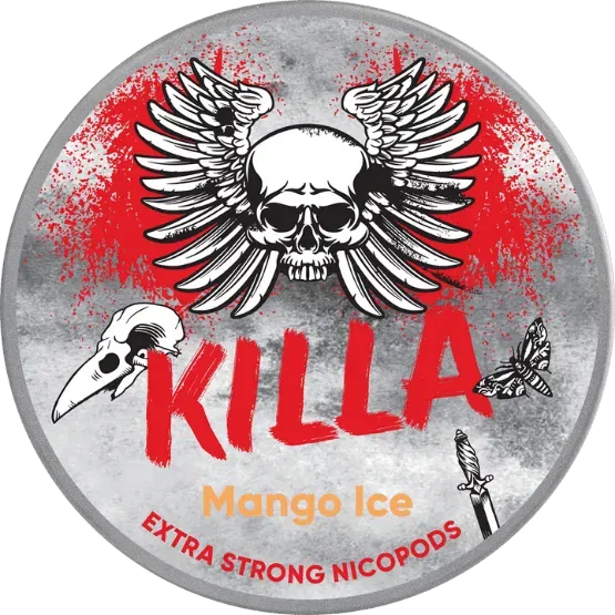 Close-up of KILLA Mango Ice all white nicotine pouch can. Slim format, fresh mango ice taste, high strength.