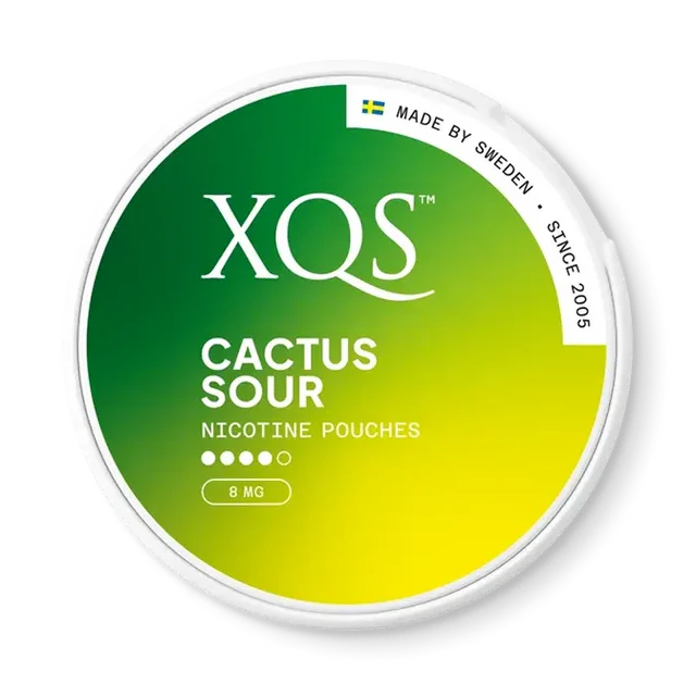 XQS Cactus Sour nicotine pouch can. Green and white design, all white slim pouch with tangy cactus flavor. Unique and refreshing.