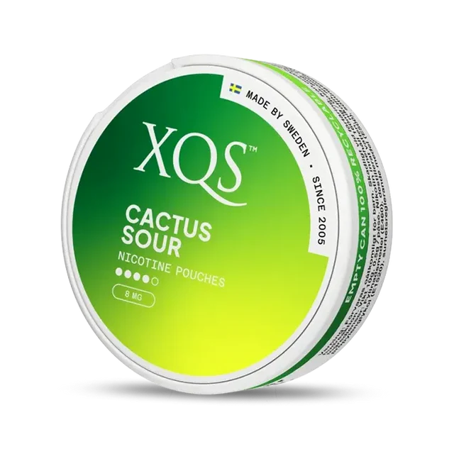 XQS Cactus Sour nicotine pouch can. Green and white design, all white slim pouch with tangy cactus flavor. Unique and refreshing.