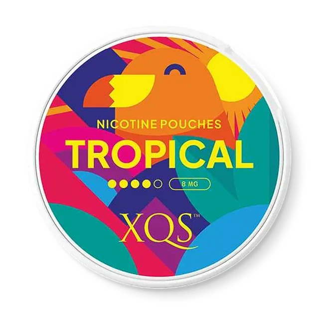 XQS Tropical nicotine pouch can. Colorful design, all white slim pouch with tropical fruit flavor. Exotic and refreshing.