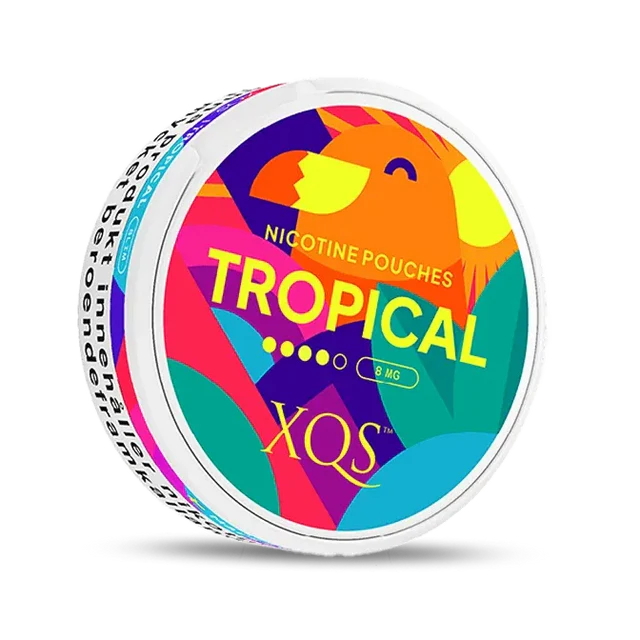 XQS Tropical nicotine pouch can. Colorful design, all white slim pouch with tropical fruit flavor. Exotic and refreshing.