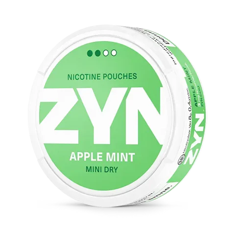 ZYN Apple Mint Mini Dry nicotine pouch can. Green and white design, all white mini pouch with dry apple and mint flavor. Discreet and fresh.