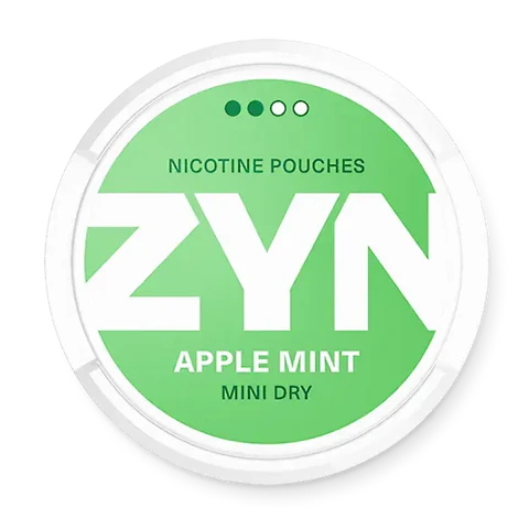 ZYN Apple Mint Mini Dry nicotine pouch can. Green and white design, all white mini pouch with dry apple and mint flavor. Discreet and fresh.
