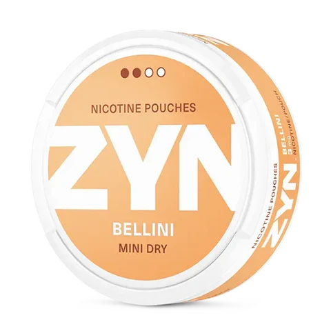 ZYN Bellini Mini Dry nicotine pouch can. Peach and white design, all white mini pouch with dry Bellini cocktail flavor. Discreet and fruity.