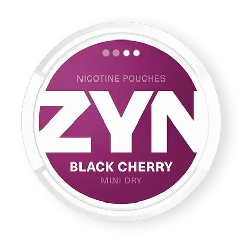 ZYN Black Cherry Mini S2 nicotine pouch can. Black and white design, all white mini pouch with sweet black cherry flavor. Discreet and fruity.