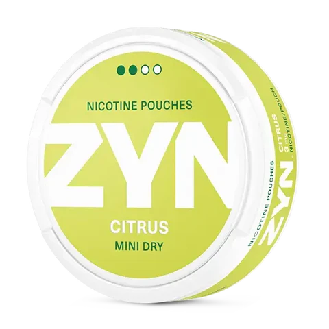 ZYN Citrus Mini Dry nicotine pouch can. Yellow and white design, all white mini pouch with dry citrus flavor. Discreet and zesty.