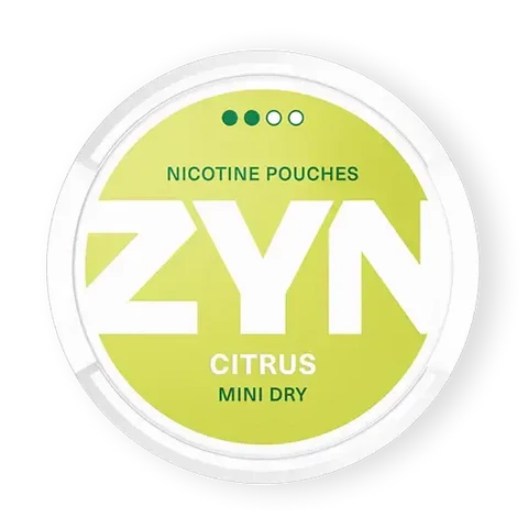 ZYN Citrus Mini Dry nicotine pouch can. Yellow and white design, all white mini pouch with dry citrus flavor. Discreet and zesty.