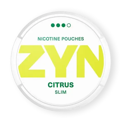 ZYN Citrus Slim nicotine pouch can. Yellow and white design, all white slim pouch with citrus flavor. Fresh and zesty.