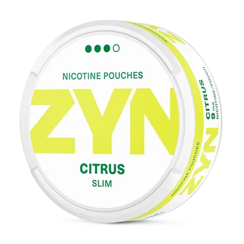 ZYN Citrus Slim nicotine pouch can. Yellow and white design, all white slim pouch with citrus flavor. Fresh and zesty.