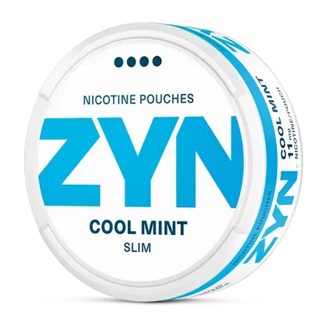 ZYN Cool Mint Slim nicotine pouch can. Blue and white design, all white slim pouch with cool mint flavor. Fresh and crisp.