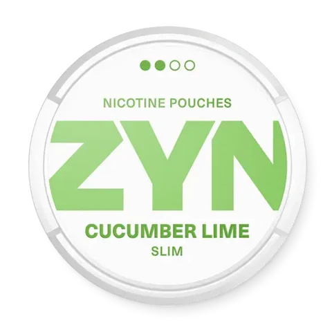 ZYN Cucumber Lime Slim nicotine pouch can. Green and white design, all white slim pouch with cucumber and lime flavor. Fresh and unique.