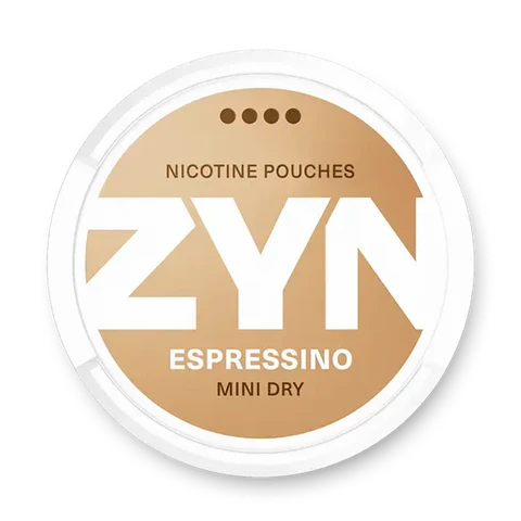 ZYN Coffee Mini S4 nicotine pouch can. Brown and white design, all white mini pouch with strong coffee flavor. Discreet and energizing.