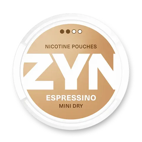 ZYN Coffee Mini S2 nicotine pouch can. Brown and white design, all white mini pouch with mild coffee flavor. Discreet and smooth.