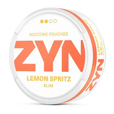 ZYN Lemon Spritz nicotine pouch can. Yellow and white design, all white slim pouch with zesty lemon spritz flavor. Fresh and lively.