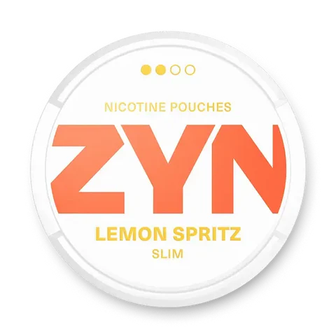 ZYN Lemon Spritz nicotine pouch can. Yellow and white design, all white slim pouch with zesty lemon spritz flavor. Fresh and lively.
