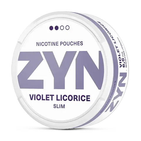 ZYN Violet Licorice Slim nicotine pouch can. Purple and white design, all white slim pouch with violet and licorice flavor. Unique and aromatic.