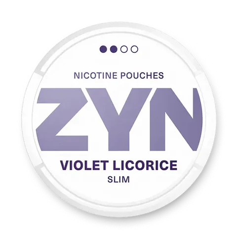 ZYN Violet Licorice Slim nicotine pouch can. Purple and white design, all white slim pouch with violet and licorice flavor. Unique and aromatic.