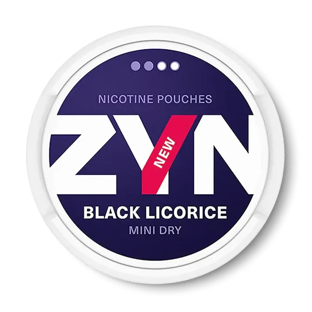 Close-up of ZYN Black Licorice Mini all white nicotine pouch can. Mini format, black licorice taste, small and stylish packaging.