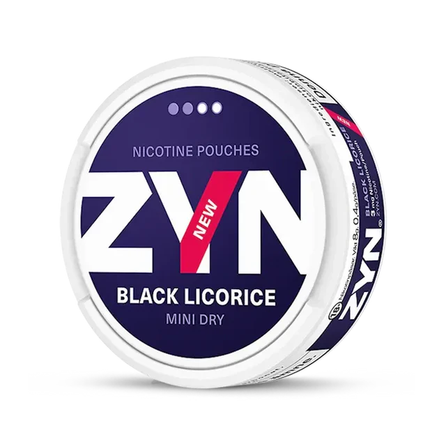 Close-up of ZYN Black Licorice Mini all white nicotine pouch can. Mini format, black licorice taste, small and stylish packaging.