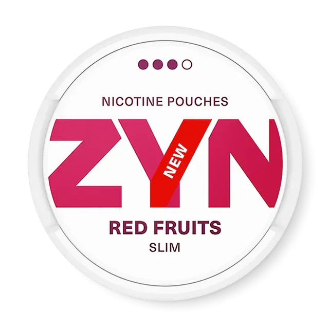 ZYN Red Fruits nicotine pouch can. Red and white design, all white slim pouch with mixed red fruit flavor. Fruity and vibrant.