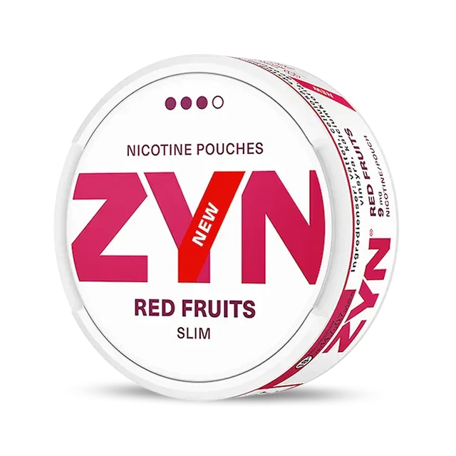 ZYN Red Fruits nicotine pouch can. Red and white design, all white slim pouch with mixed red fruit flavor. Fruity and vibrant.