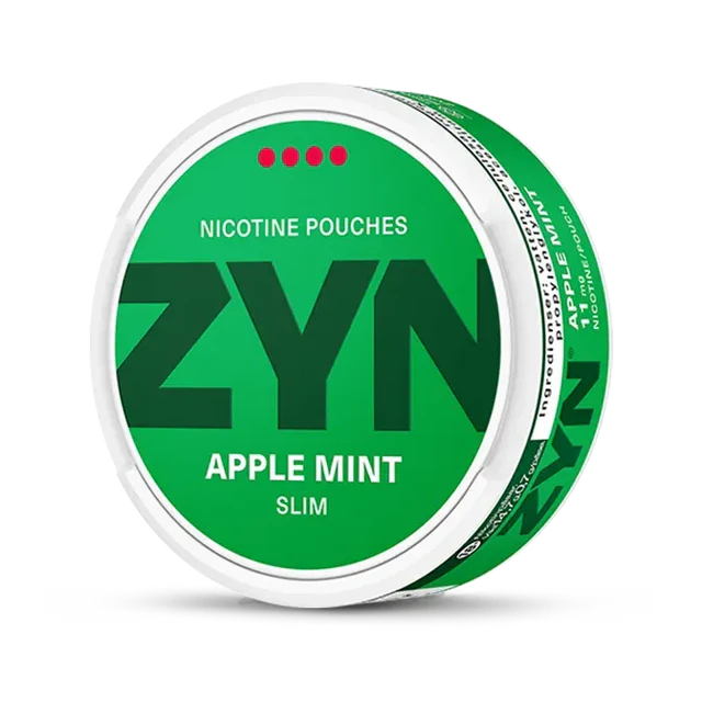 ZYN Apple Mint nicotine pouch can. Green and white design, all white slim pouch with apple and mint flavor. Fresh and fruity.
