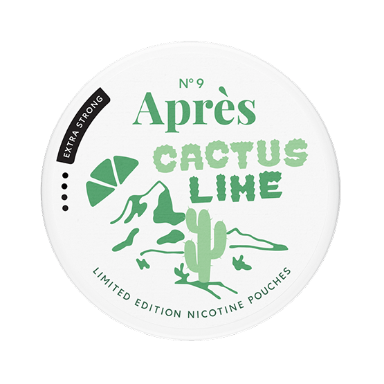 Close-up of Après Cactus Lime Extra Strong all white nicotine pouch can. Slim format, cactus lime taste, high nicotine strength.