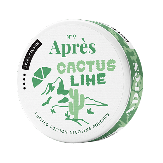Close-up of Après Cactus Lime Extra Strong all white nicotine pouch can. Slim format, cactus lime taste, high nicotine strength.