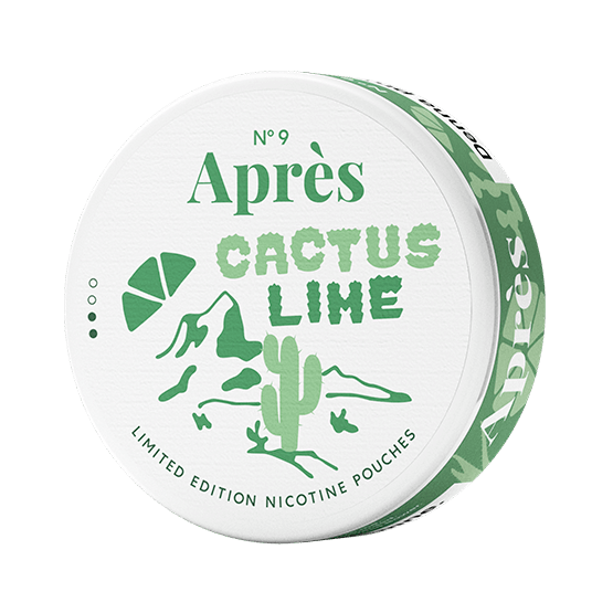 Après Cactus Lime nicotine pouch can. Green and white design, all white slim pouch with fresh cactus and lime flavor. Modern and refreshing.