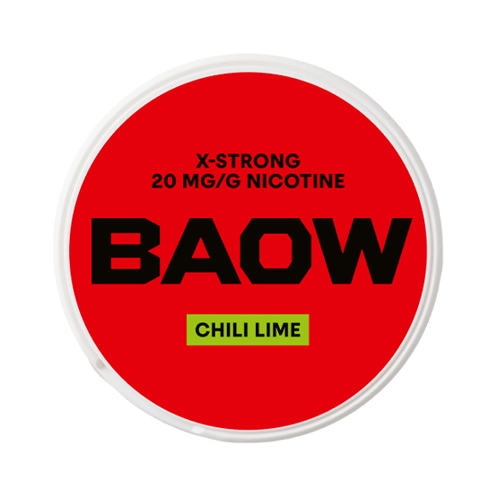 Close-up of BAOW Chili Lime all white nicotine pouch can. Slim format, chili lime taste, colorful modern packaging.