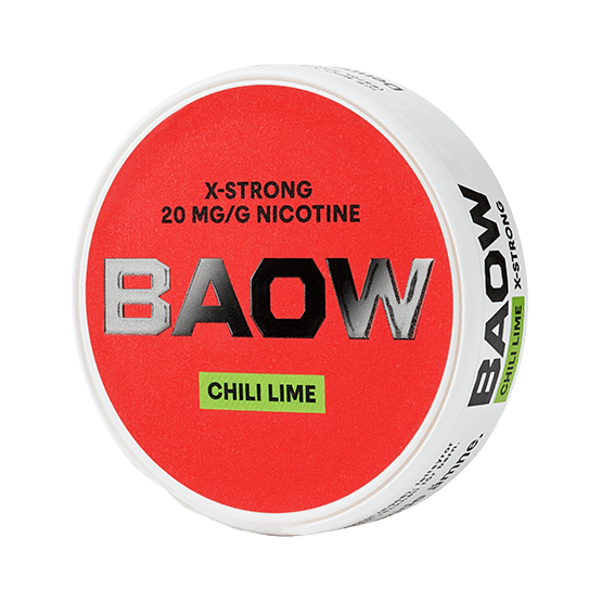 Close-up of BAOW Chili Lime all white nicotine pouch can. Slim format, chili lime taste, colorful modern packaging.