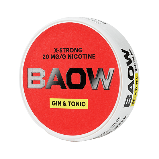 BAOW Gin & Tonic nicotine pouch can. White and green design, all white slim pouch with classic gin and tonic flavor. Refreshing and unique.