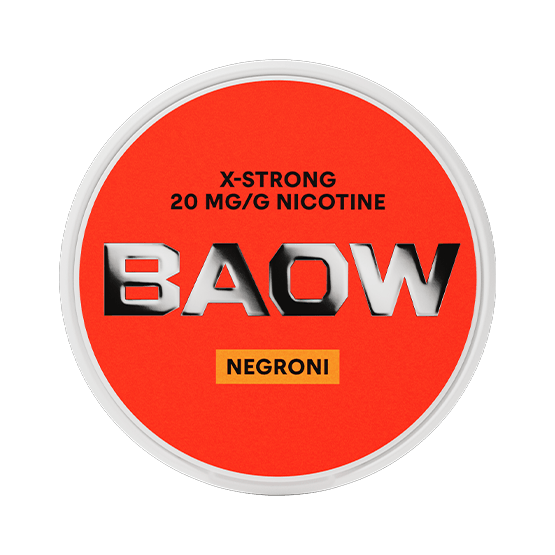 BAOW Negroni nicotine pouch can. Bold red design, all white slim pouch with cocktail-inspired Negroni flavor. Unique and modern.