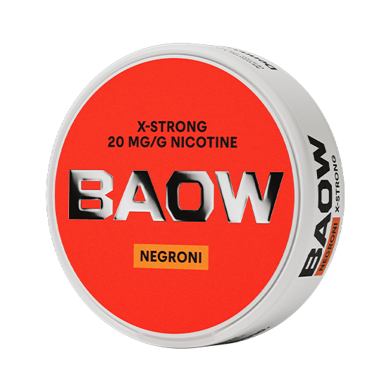 BAOW Negroni nicotine pouch can. Bold red design, all white slim pouch with cocktail-inspired Negroni flavor. Unique and modern.