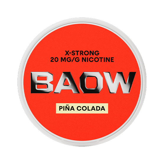Close-up of BAOW Piña Colada all white nicotine pouch can. Slim format, piña colada taste, vibrant and modern packaging.